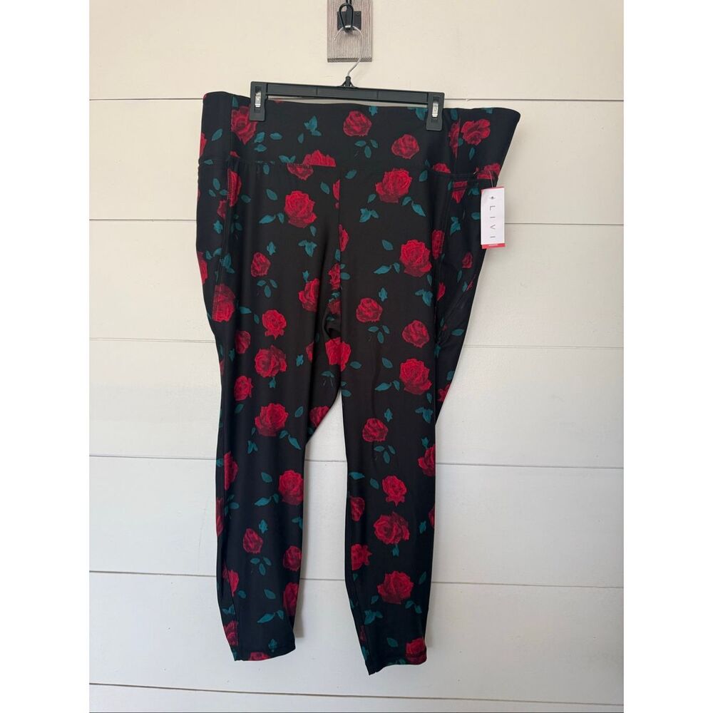 LIVI Women’s 22/24 Black Red Flower Pull on Leggings Pants Ankle New